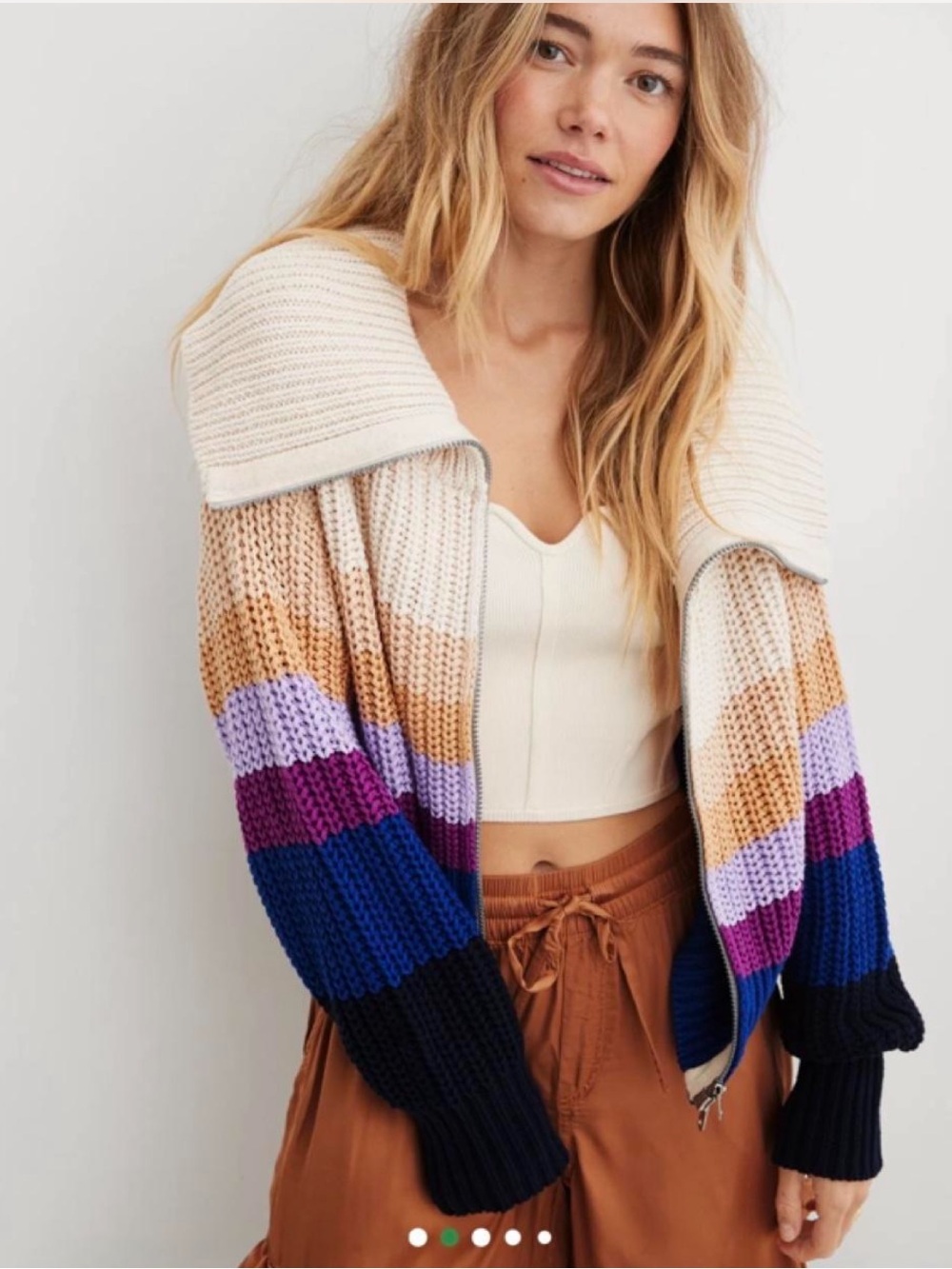 aerie Zip-Front Cropped Striped Sweater in Cream, Tan, Purple, Blue